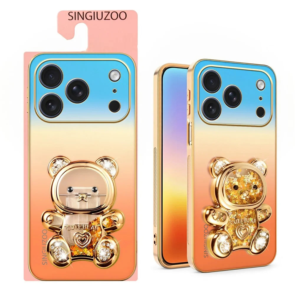 SINGIUZOO for iPhone 18 Pro / 17 Pro Case Glitter Bear Kickstand Electroplated Gradient Color PC + TPU Phone Cover - Orange - 2