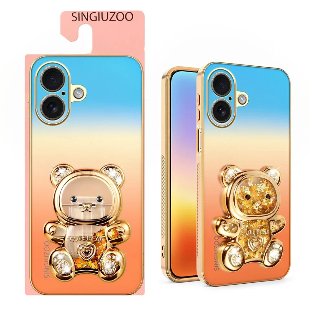 SINGIUZOO for iPhone 17 Case Glitter Bear Kickstand Electroplated Gradient Color PC + TPU Phone Cover - Orange - 2