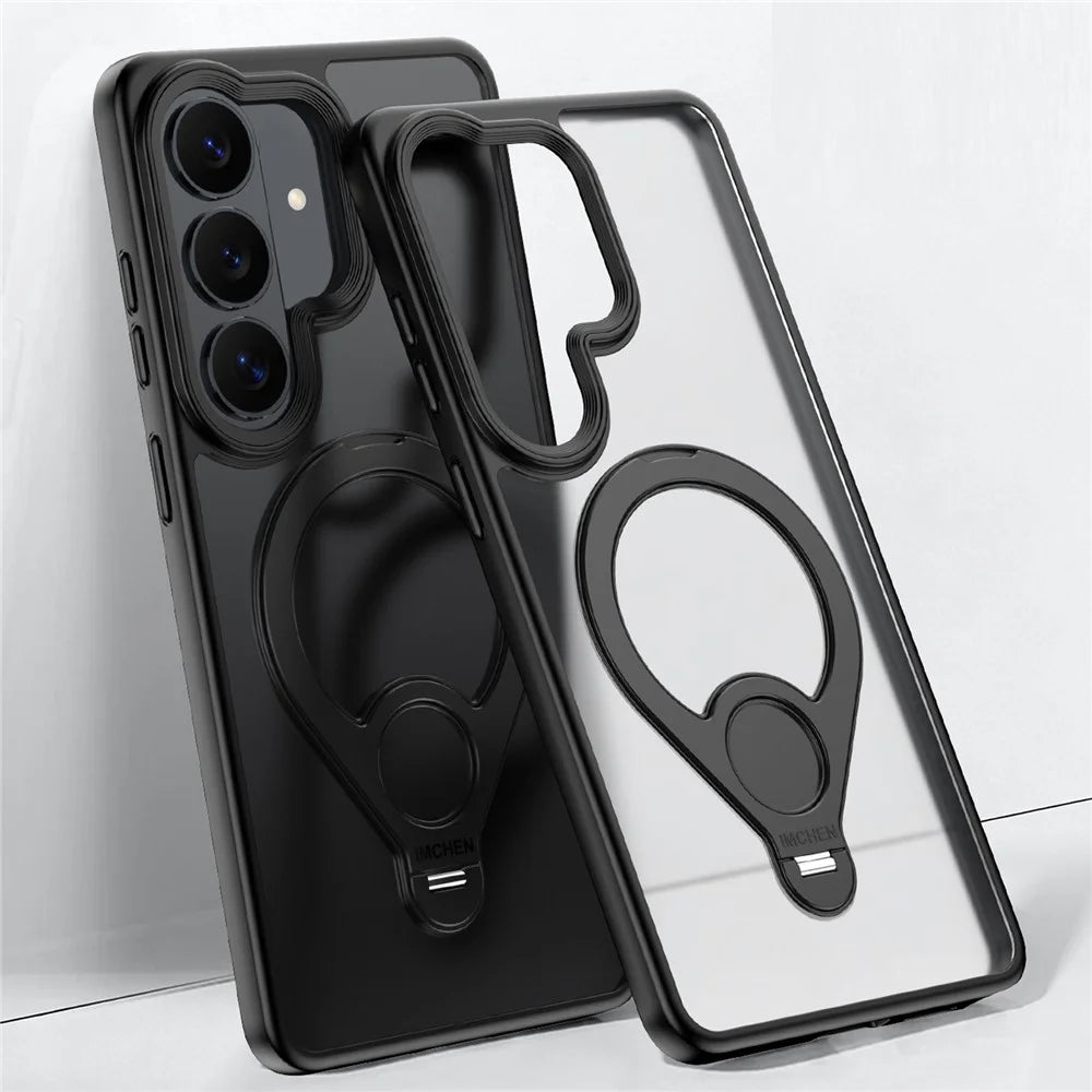 IM-CHEN for Samsung Galaxy S26+ Case Magnetic Tennis Racket Kickstand PC + TPU Translucent Matte Phone Cover - Black - 1