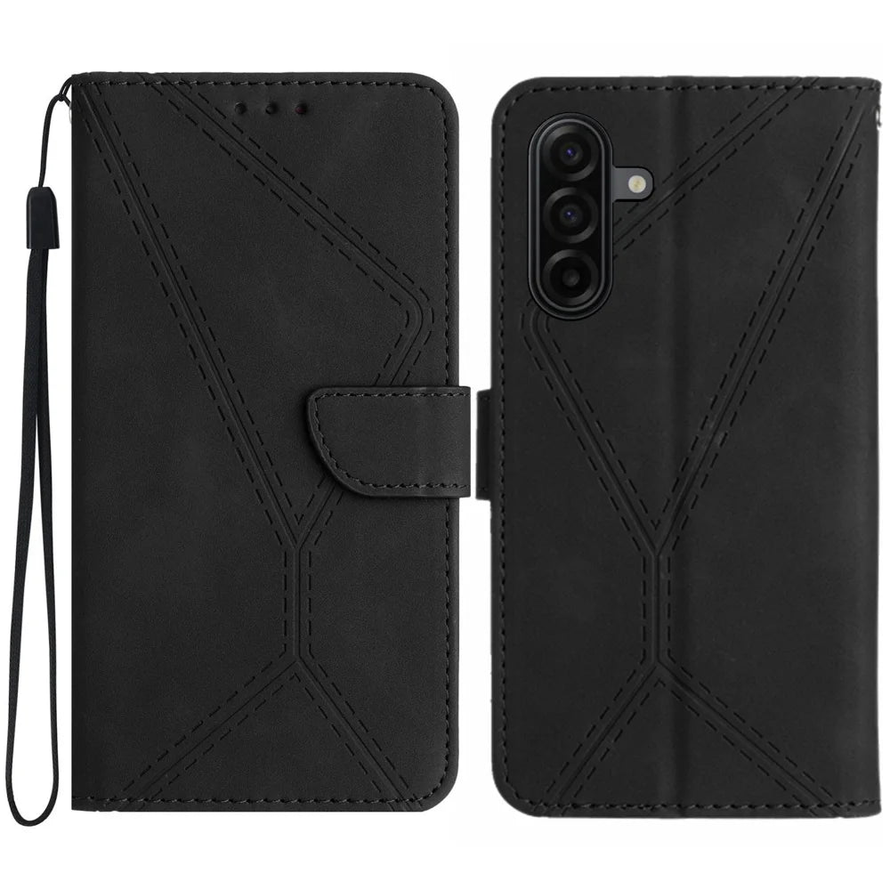 For Samsung Galaxy S26 FE Case Skin Touch Lines Imprinted PU Leather Flip Phone Cover - Black - 1