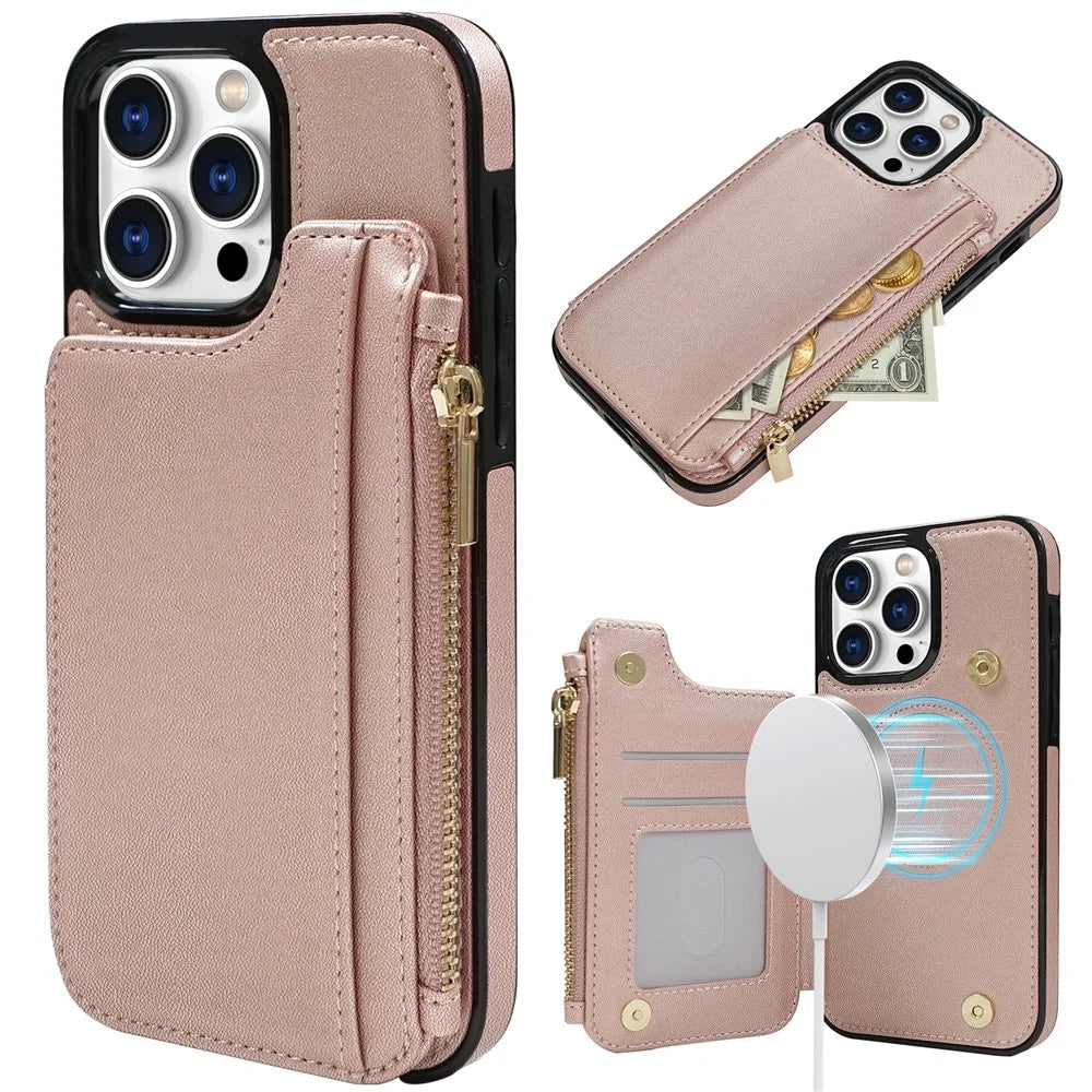 DELIDIGI WE24 for iPhone 16 Pro Max Magnetic Case with Card Slots Zipper Pocket Leather Phone Back Cover - Pink - 1