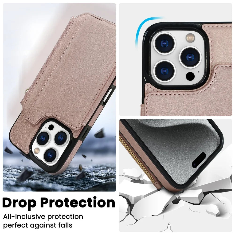 DELIDIGI WE24 for iPhone 16 Pro Max Magnetic Case with Card Slots Zipper Pocket Leather Phone Back Cover - Pink - 5