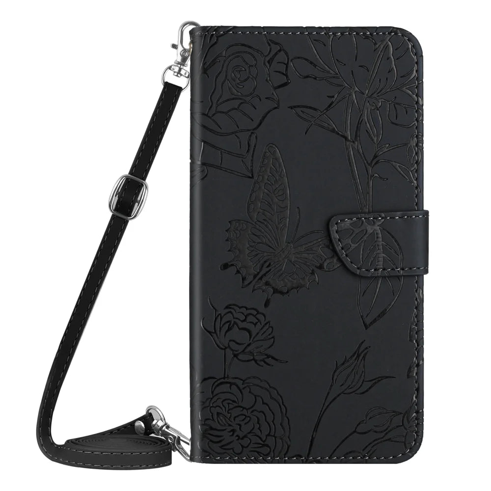 For Samsung Galaxy A27 5G Case Butterfly Flower Imprint Leather Phone Cover with Shoulder Strap - Black - 2