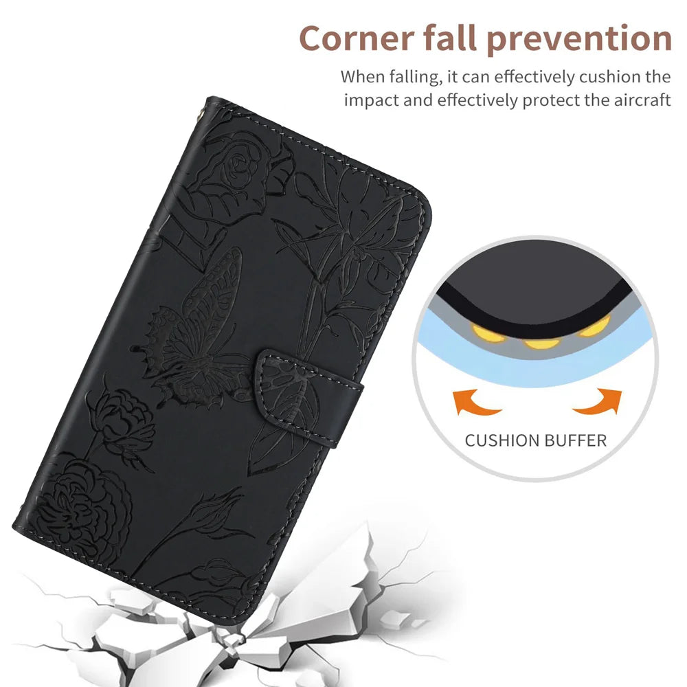 For Samsung Galaxy A27 5G Case Butterfly Flower Imprint Leather Phone Cover with Shoulder Strap - Black - 6