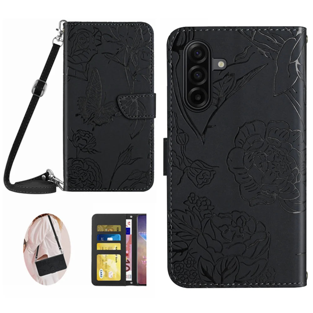 For Samsung Galaxy S26+ Case Butterfly Flower Imprint Leather Phone Cover with Shoulder Strap - Black - 1