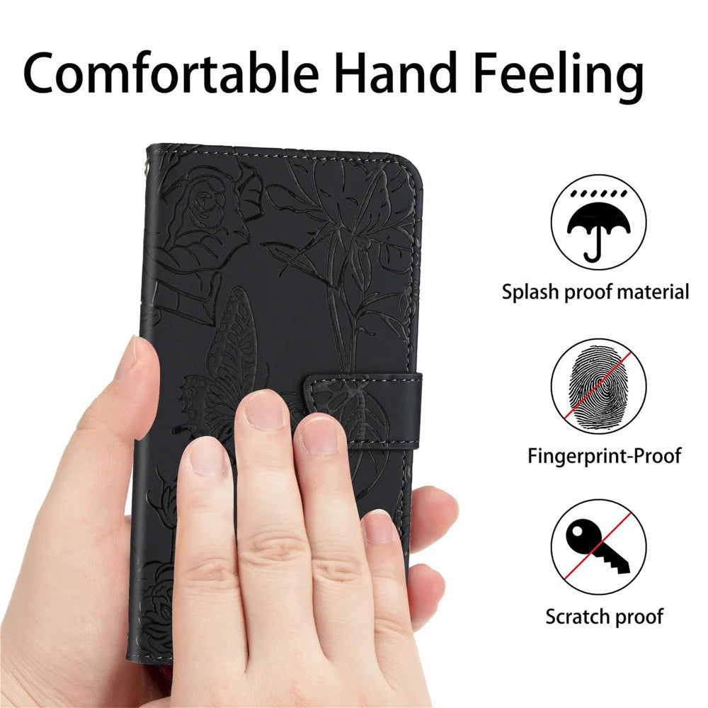 For Samsung Galaxy S26+ Case Butterfly Flower Imprint Leather Phone Cover with Shoulder Strap - Black - 5