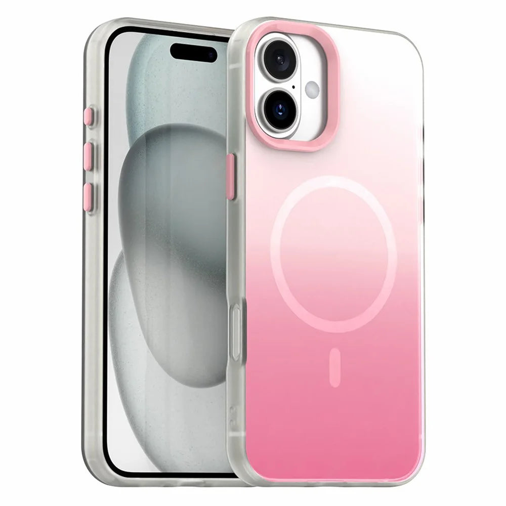 For iPhone 16 Magnetic Case Gradient TPU + PET + PC IMD Shockproof Phone Cover - Pink - 1