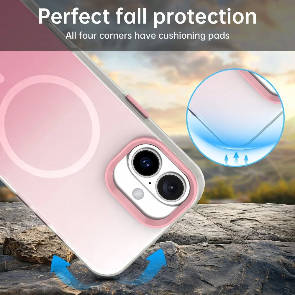 For iPhone 16 Magnetic Case Gradient TPU + PET + PC IMD Shockproof Phone Cover - Pink - 3