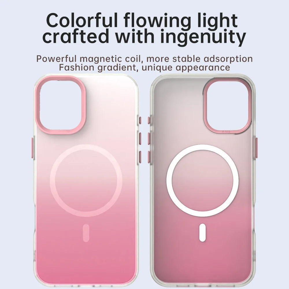 For iPhone 16 Magnetic Case Gradient TPU + PET + PC IMD Shockproof Phone Cover - Pink - 4