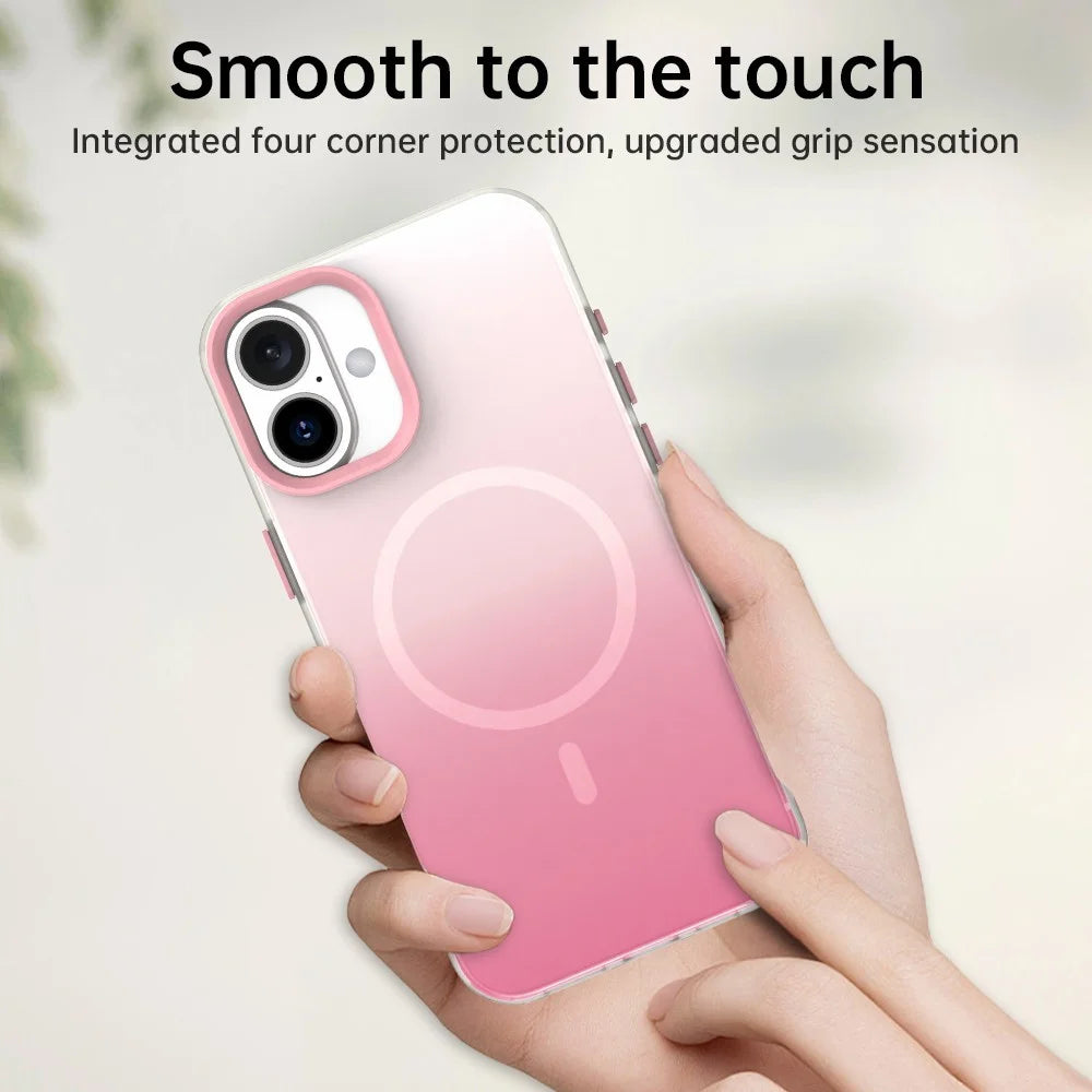 For iPhone 16 Magnetic Case Gradient TPU + PET + PC IMD Shockproof Phone Cover - Pink - 6