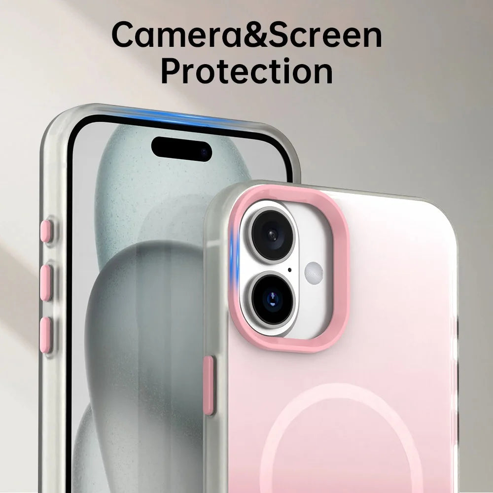 For iPhone 16 Plus Magnetic Case Gradient TPU + PET + PC IMD Shockproof Phone Cover - Pink - 7