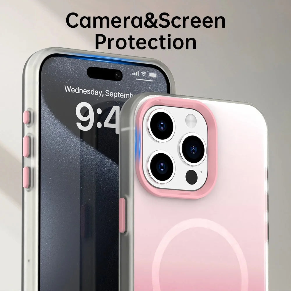 For iPhone 15 Pro Magnetic Case Gradient TPU + PET + PC IMD Shockproof Phone Cover - Pink - 7