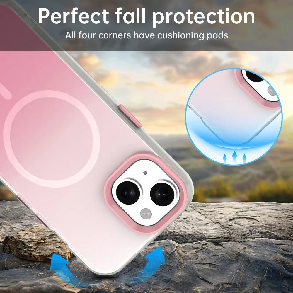 For iPhone 15 Magnetic Case Gradient TPU + PET + PC IMD Shockproof Phone Cover - Pink - 3