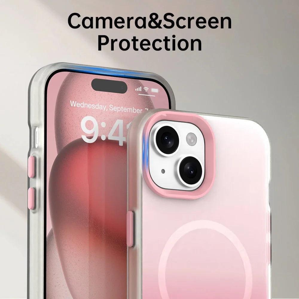For iPhone 15 Magnetic Case Gradient TPU + PET + PC IMD Shockproof Phone Cover - Pink - 7