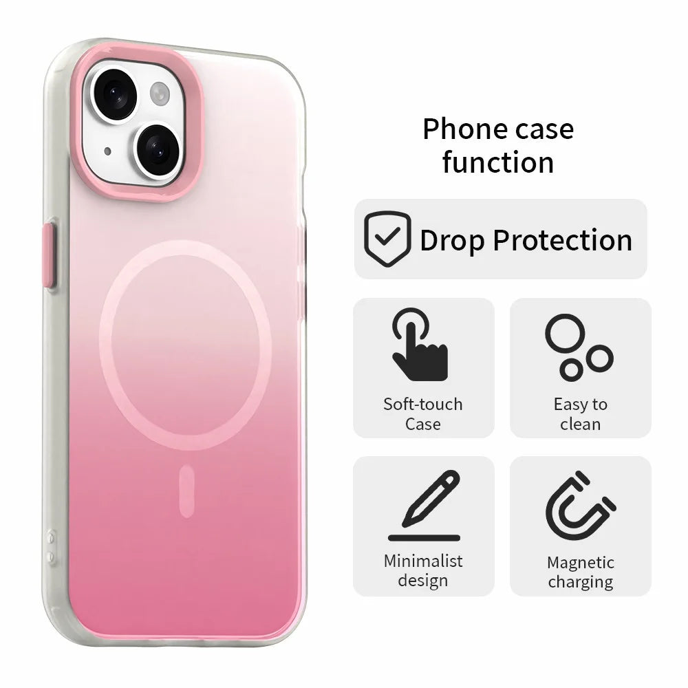 For iPhone 15 Plus Magnetic Case Gradient TPU + PET + PC IMD Shockproof Phone Cover - Pink - 2