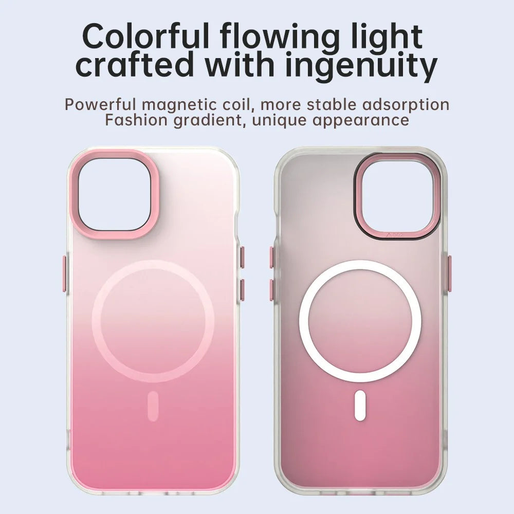 For iPhone 15 Plus Magnetic Case Gradient TPU + PET + PC IMD Shockproof Phone Cover - Pink - 4