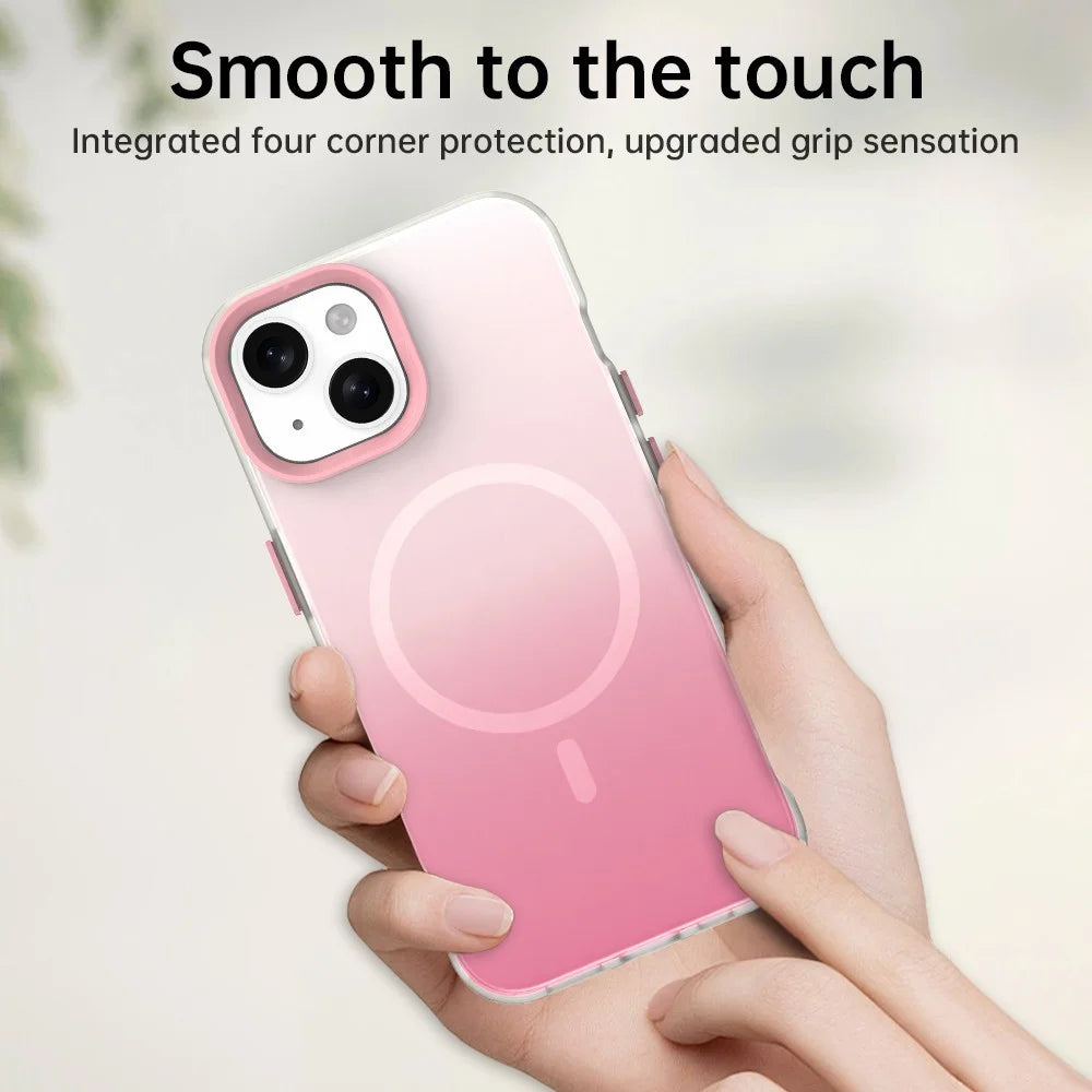 For iPhone 15 Plus Magnetic Case Gradient TPU + PET + PC IMD Shockproof Phone Cover - Pink - 6