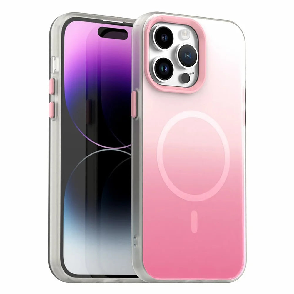 For iPhone 14 Pro Magnetic Case Gradient TPU + PET + PC IMD Shockproof Phone Cover - Pink - 1