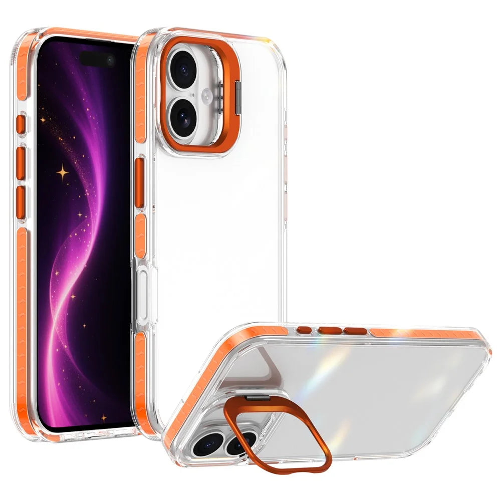 For iPhone 16 Plus Case Metal Camera Kickstand Shockproof Clear PC + TPU Phone Cover - Transparent Orange - 1