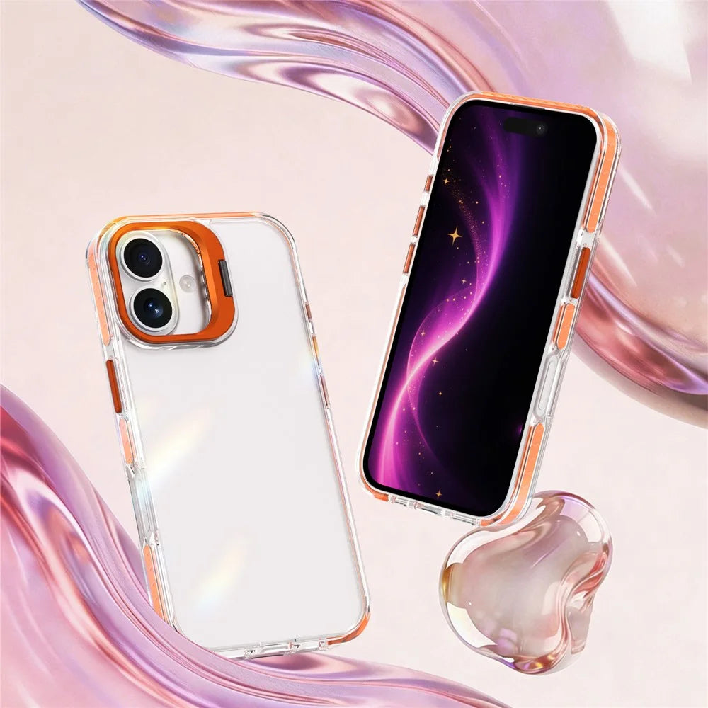 For iPhone 16 Plus Case Metal Camera Kickstand Shockproof Clear PC + TPU Phone Cover - Transparent Orange - 2