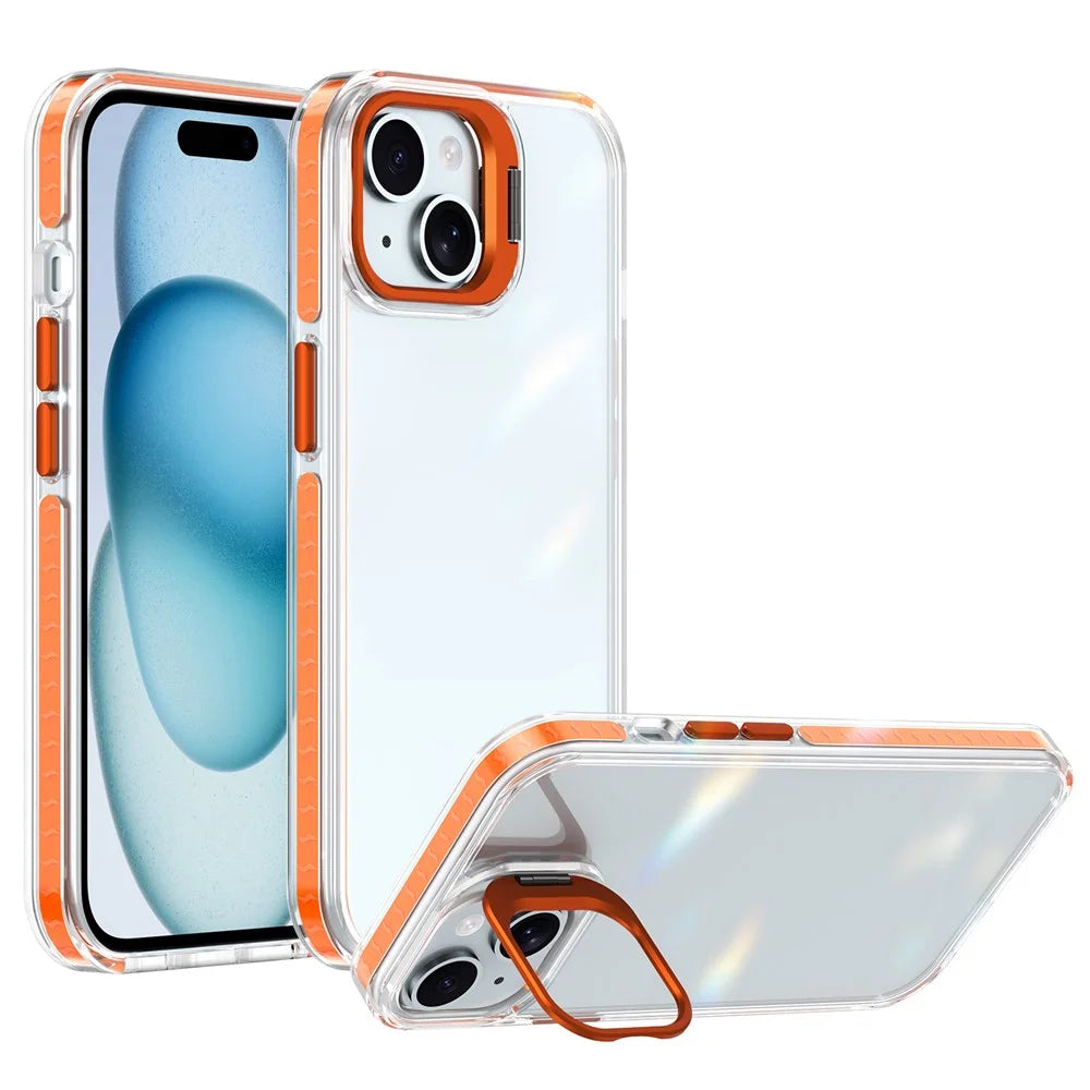 For iPhone 15 Case Metal Camera Kickstand Shockproof Clear PC + TPU Phone Cover - Transparent Orange - 1