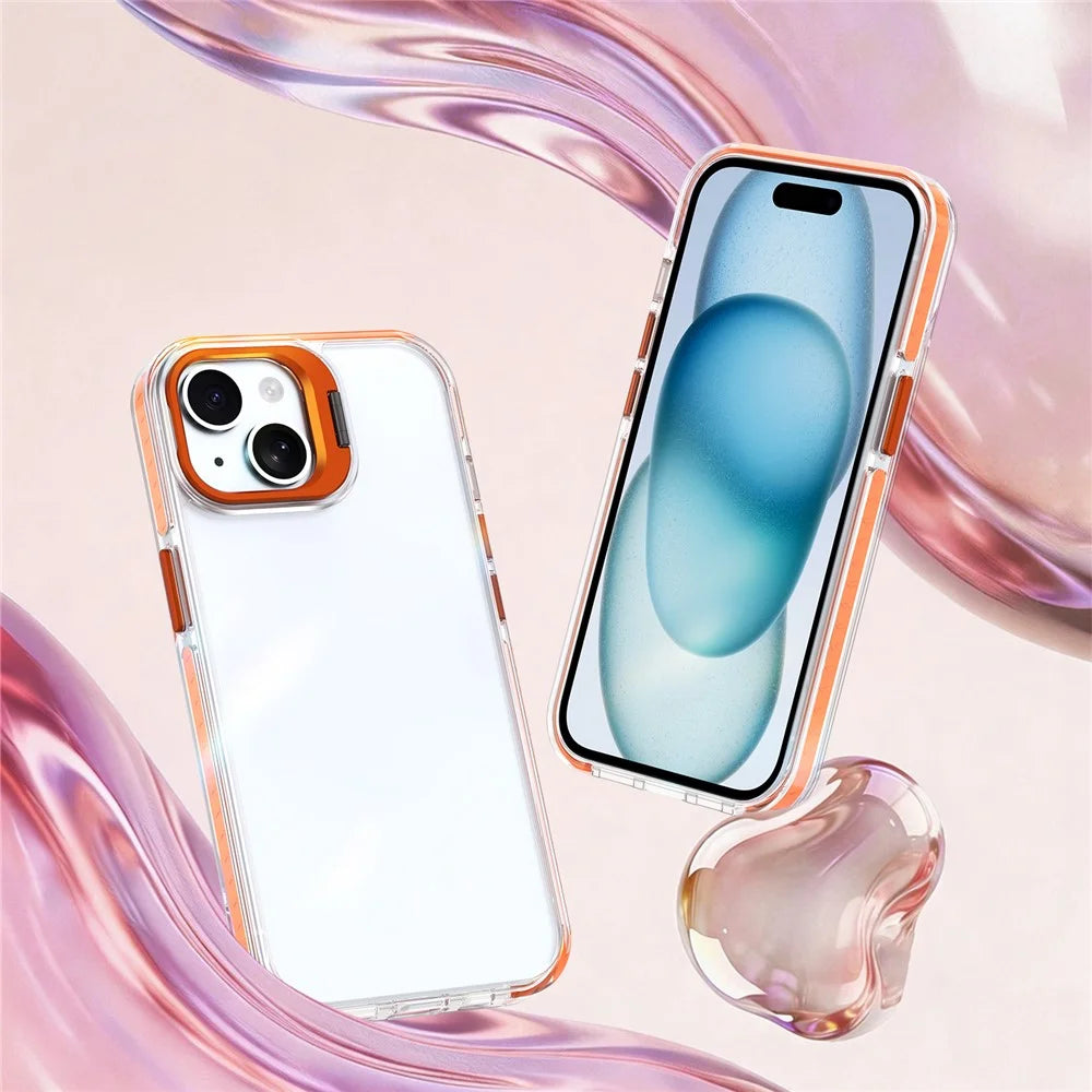 For iPhone 15 Plus Case Metal Camera Kickstand Shockproof Clear PC + TPU Phone Cover - Transparent Orange - 2