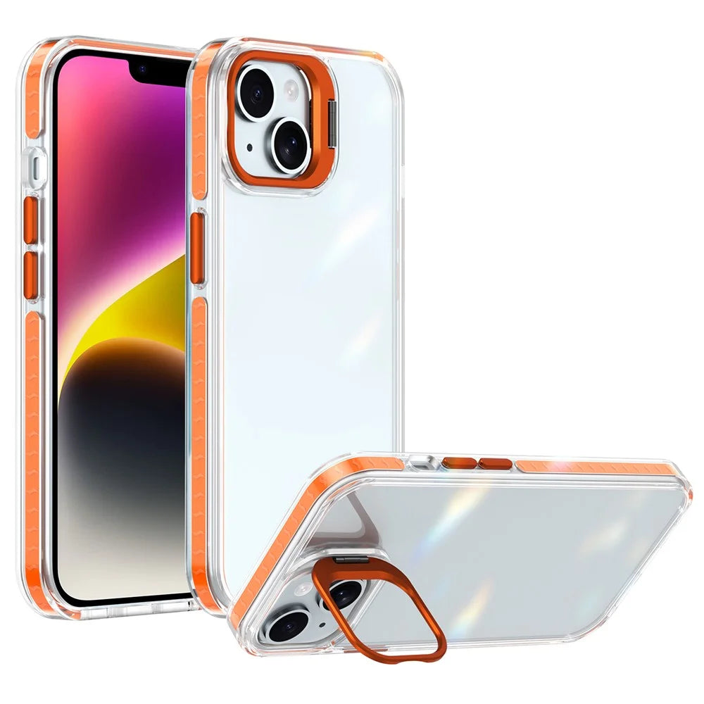 For iPhone 14 Case Metal Camera Kickstand Shockproof Clear PC + TPU Phone Cover - Transparent Orange - 1