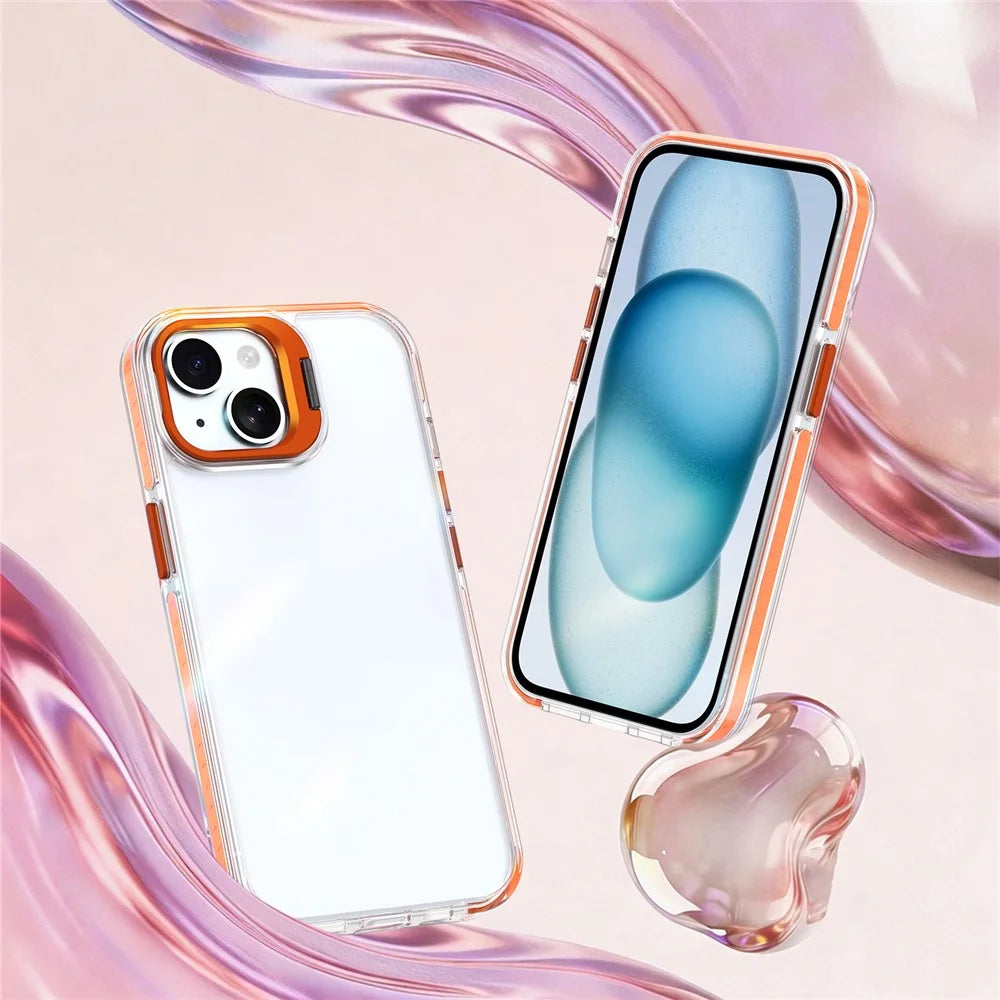 For iPhone 14 Case Metal Camera Kickstand Shockproof Clear PC + TPU Phone Cover - Transparent Orange - 2