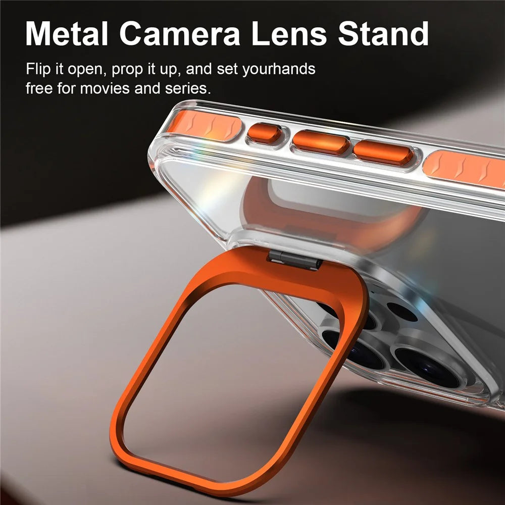 For iPhone 14 Pro Case Metal Camera Kickstand Shockproof Clear PC + TPU Phone Cover - Transparent Orange - 5