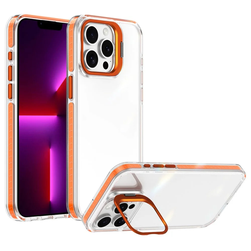 For iPhone 13 Pro Max Case Metal Camera Kickstand Shockproof Clear PC + TPU Phone Cover - Transparent Orange - 1