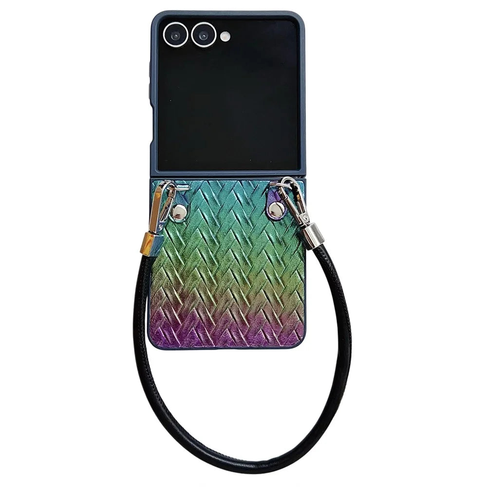 For Samsung Galaxy Z Flip7 5G Case Gradient Woven Texture Leather + PC Phone Cover with Wrist Strap - Colorful - 1