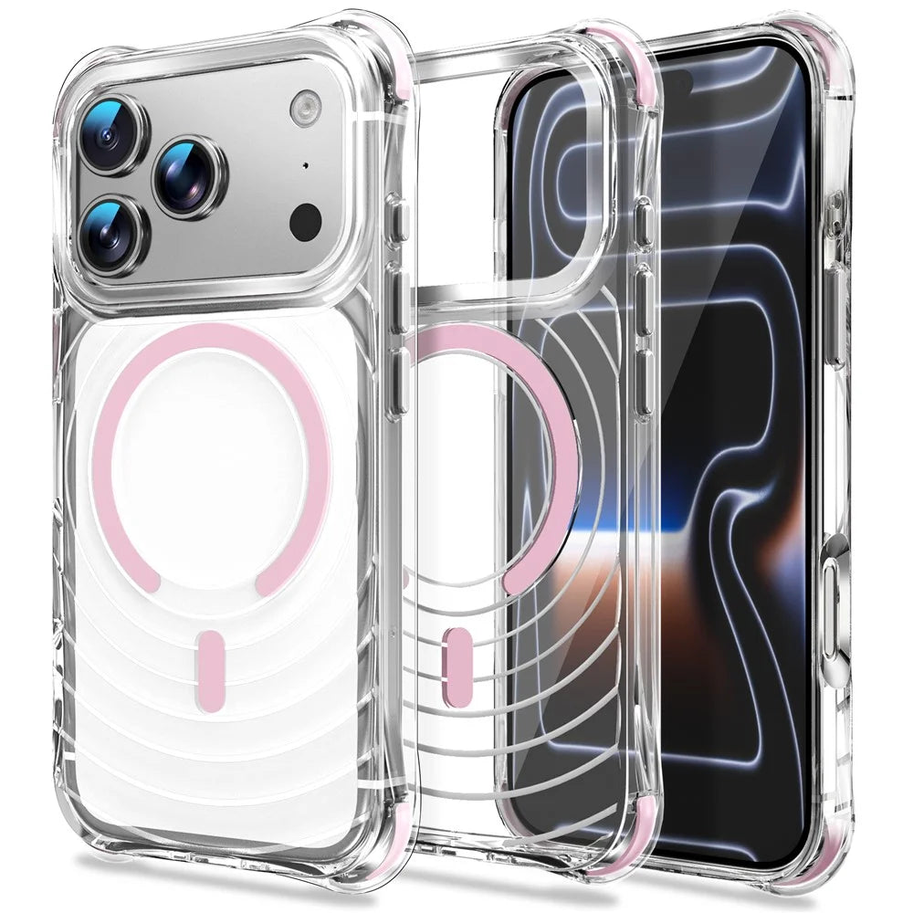 For iPhone 17 Pro Magnetic Case Airbag Corner Shockproof Ripple TPU Phone Cover - Pink - 1