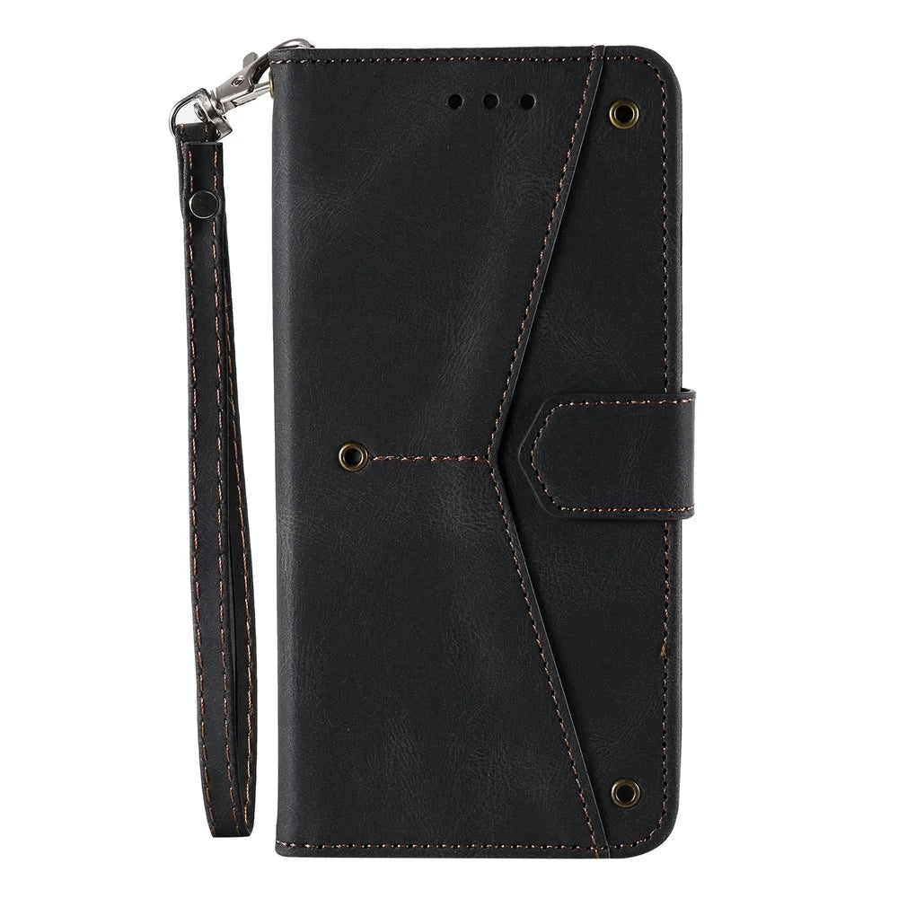 For Samsung Galaxy S23+ Splicing Stitching PU Leather Stand Case Magnetic Clasp Phone Wallet Cover - Black - 5