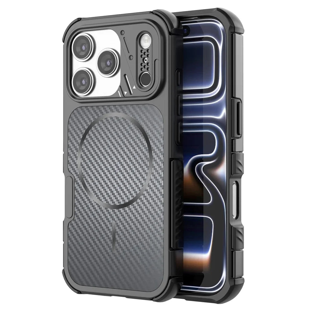 For iPhone 18 Pro Max  /  17 Pro Max Magnetic Case Carbon Fiber Texture PC + TPU Corner Protection Phone Cover - Black - 1