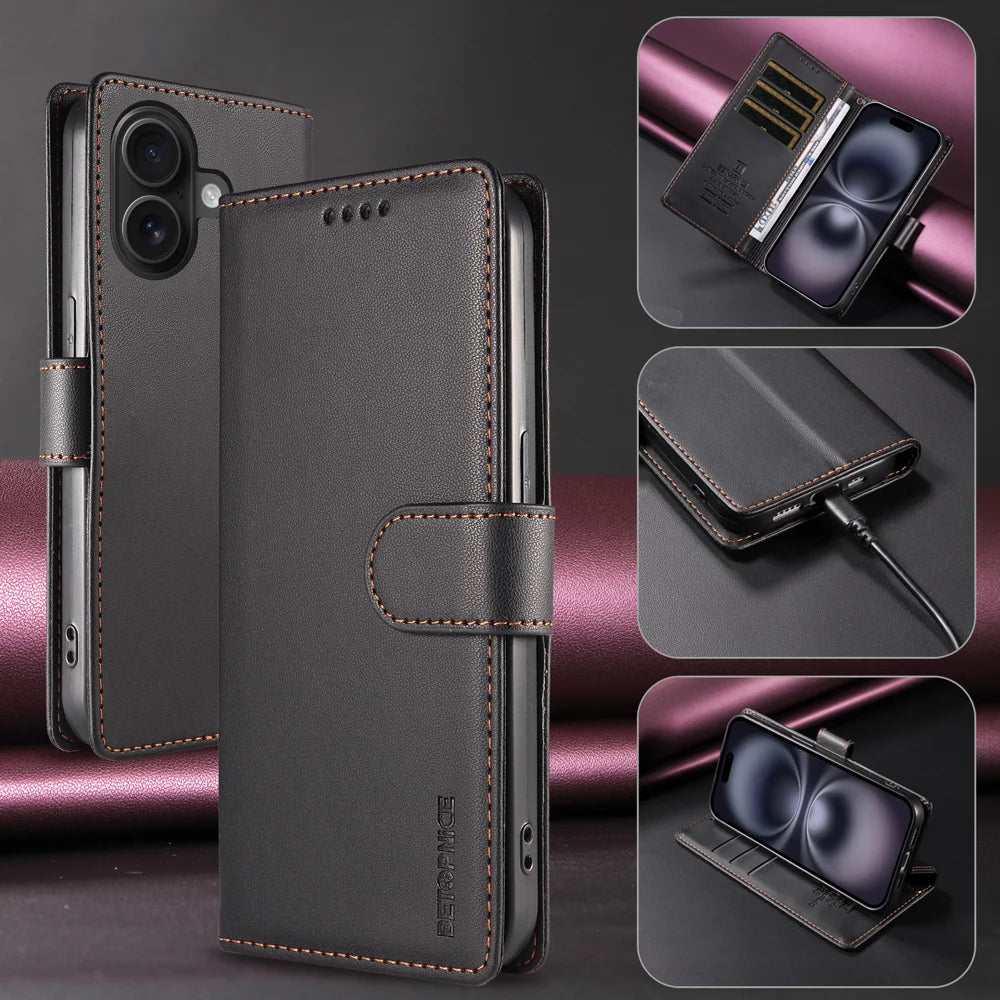 BETOPNICE 006 for iPhone 16 Case RFID Blocking Wallet Stand Leather Phone Cover with Wrist Strap - Black - 2
