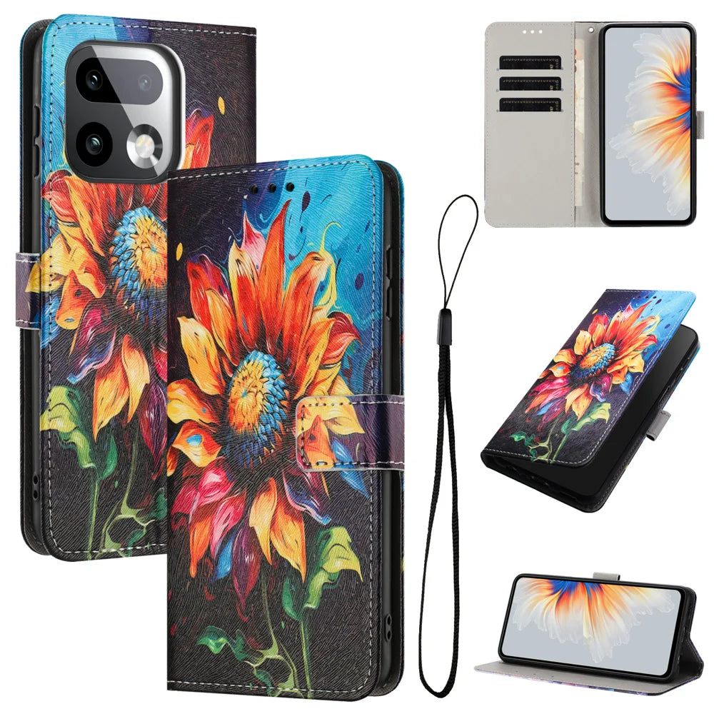 For Realme 16 Pro+ 5G Wallet Case Pattern Printing PU Leather Phone Cover with Lanyard - Sunflower - 2