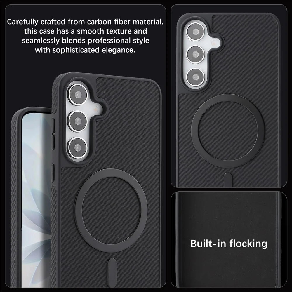 For Samsung Galaxy S25 Case Side-pasted Carbon Fiber Texture PU TPU Phone Cover With Metal Magnetic Ring - Black - 6
