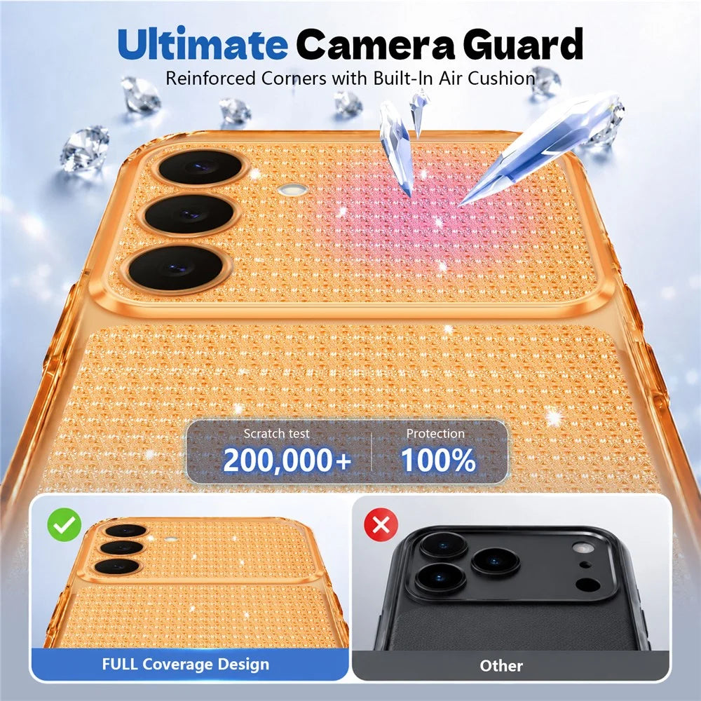 For Samsung Galaxy S26 FE  /  Galaxy S25 FE TPU Case Diamond Texture Glitter Shockproof Phone Cover with Airbag Corner - Orange - 5