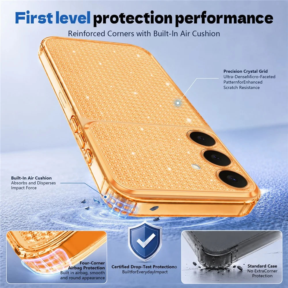 For Samsung Galaxy S26 FE  /  Galaxy S25 FE TPU Case Diamond Texture Glitter Shockproof Phone Cover with Airbag Corner - Orange - 6