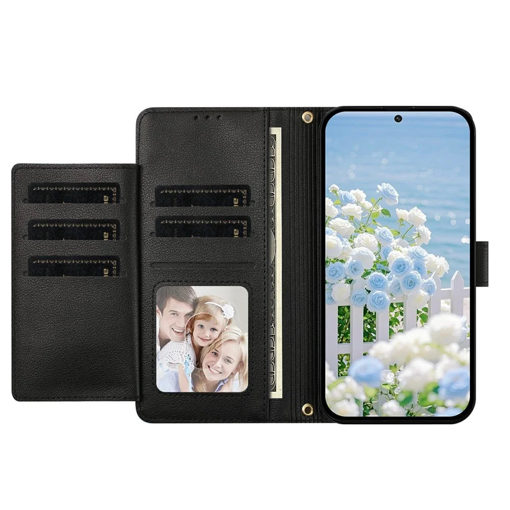 For iPhone 17 Pro Case PU Leather Butterfly Floral Zippered Wallet Phone Cover with Wrist Strap / Shoulder Strap - Black - 2