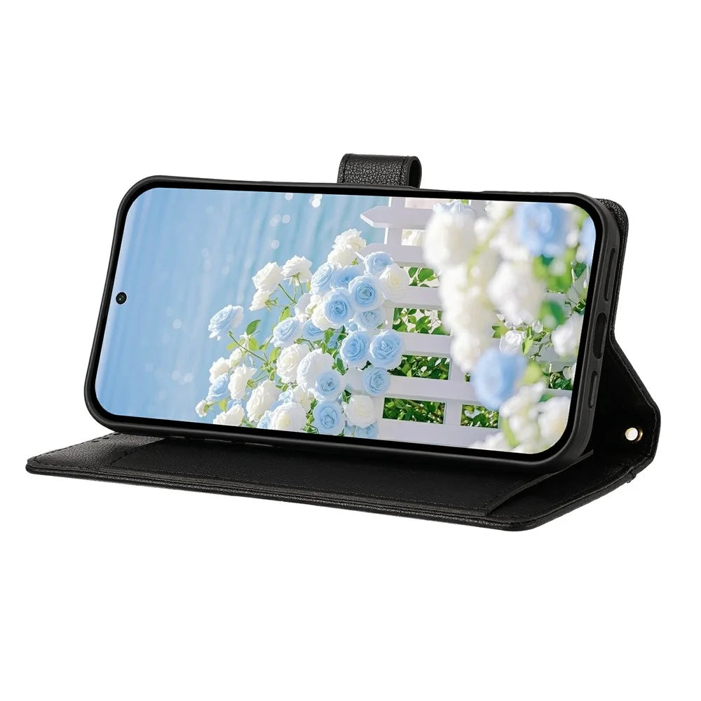 For iPhone 17 Pro Case PU Leather Butterfly Floral Zippered Wallet Phone Cover with Wrist Strap / Shoulder Strap - Black - 3