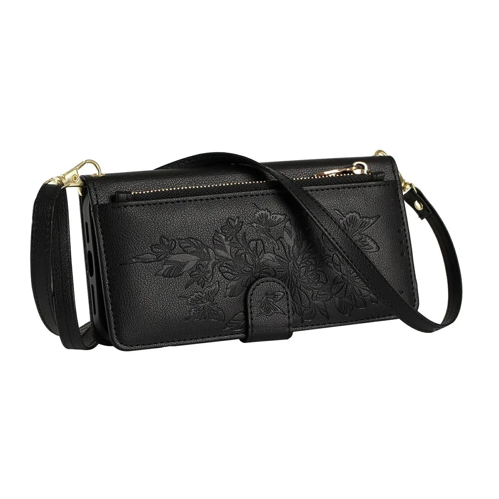 For iPhone 17 Pro Case PU Leather Butterfly Floral Zippered Wallet Phone Cover with Wrist Strap / Shoulder Strap - Black - 5