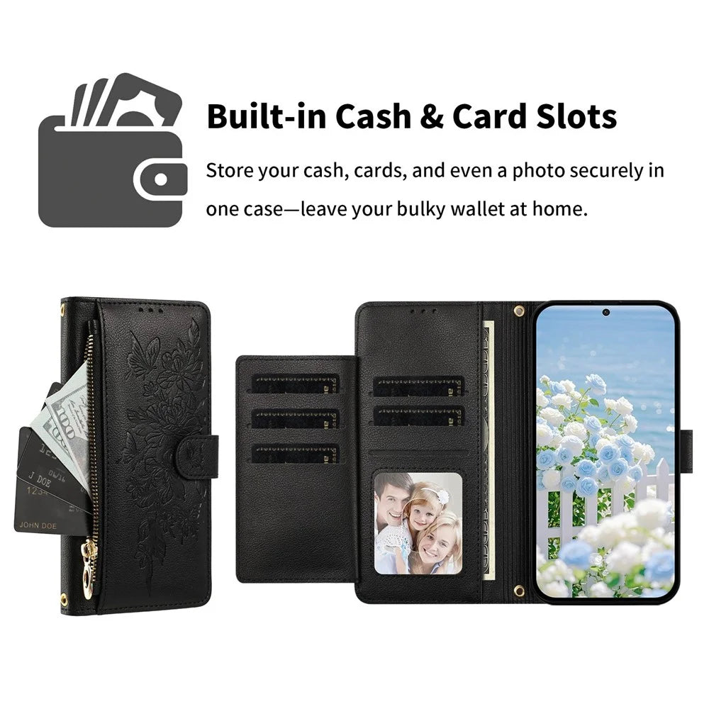 For iPhone 17 Pro Case PU Leather Butterfly Floral Zippered Wallet Phone Cover with Wrist Strap / Shoulder Strap - Black - 6
