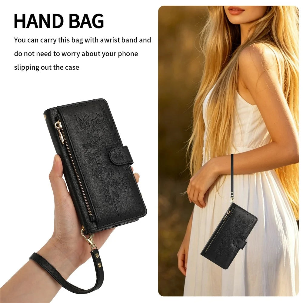For iPhone 17 Pro Case PU Leather Butterfly Floral Zippered Wallet Phone Cover with Wrist Strap / Shoulder Strap - Black - 7