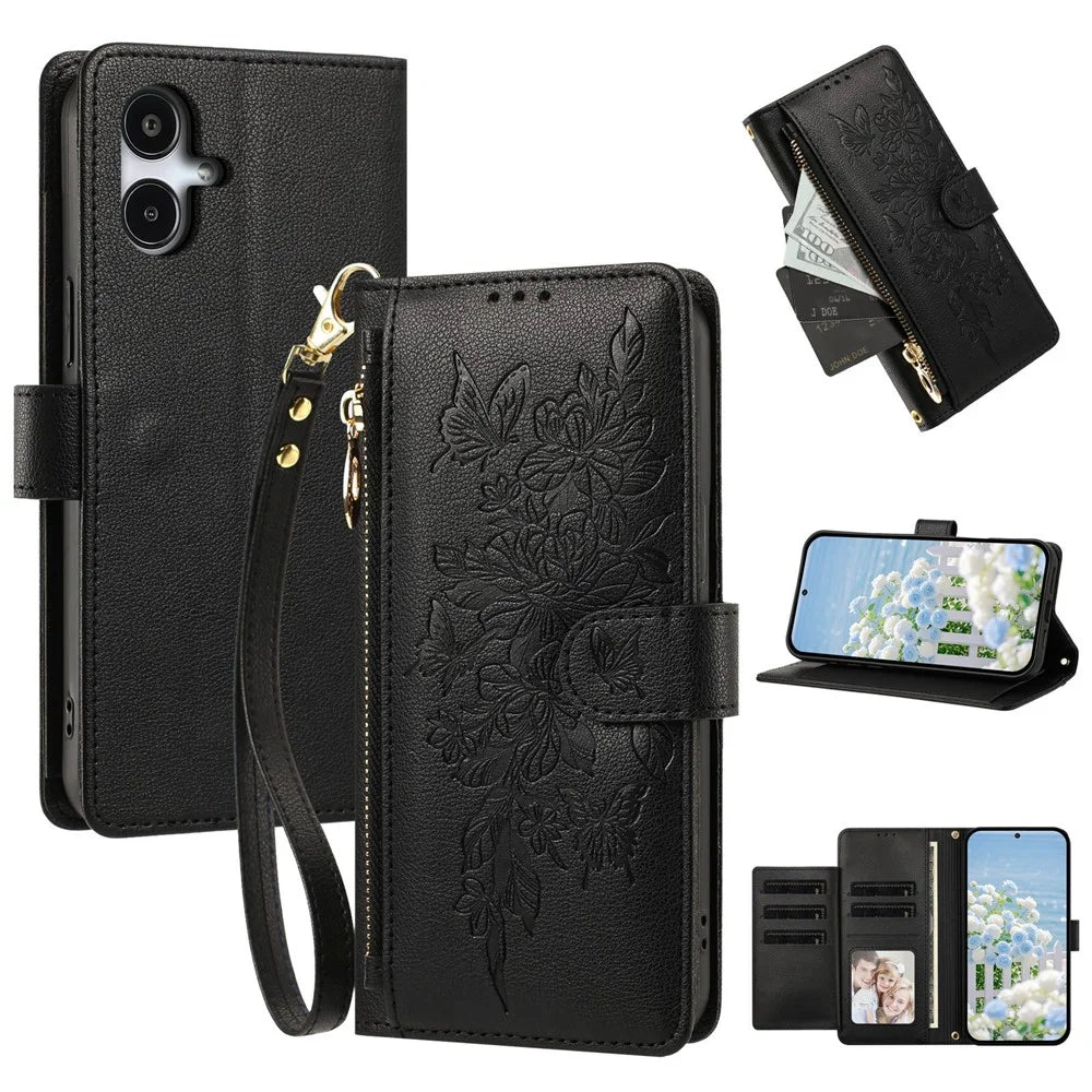 For Samsung Galaxy A07 5G  /  A07 4G  /  F07 4G  /  M07 4G Case PU Leather Butterfly Floral Zippered Wallet Phone Cover with Wrist Strap / Shoulder Strap - Black - 1