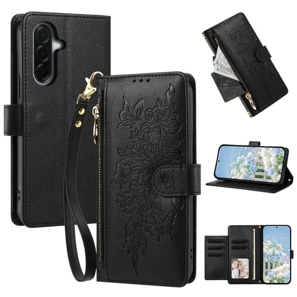 For Samsung Galaxy A17 5G  /  A17 4G Case PU Leather Butterfly Floral Zippered Wallet Phone Cover with Wrist Strap / Shoulder Strap - Black - 1