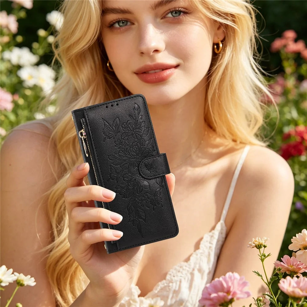 For Google Pixel 11 Pro XL Case PU Leather Butterfly Floral Zippered Wallet Phone Cover with Wrist Strap  /  Shoulder Strap - Black - 7