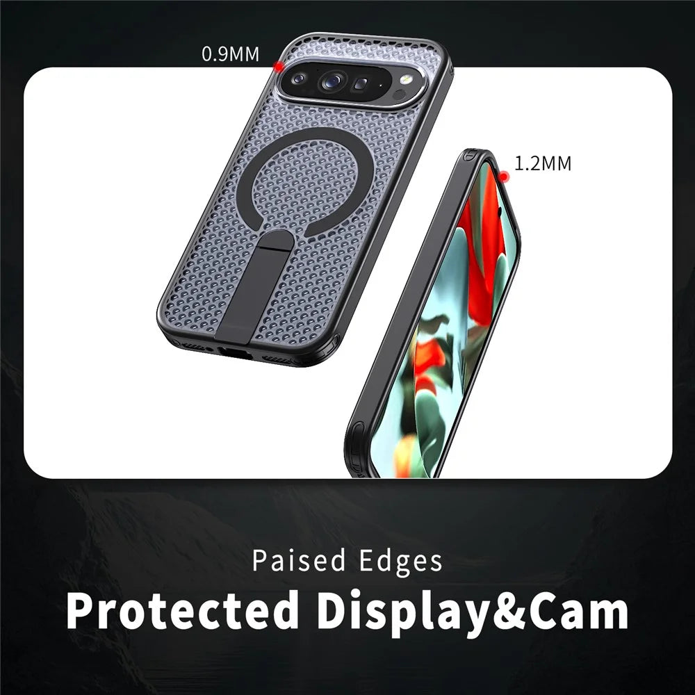 For Google Pixel 11 Pro XL Magnetic Case Kickstand Grid Texture TPU PC Phone Back Cover - Black - 5