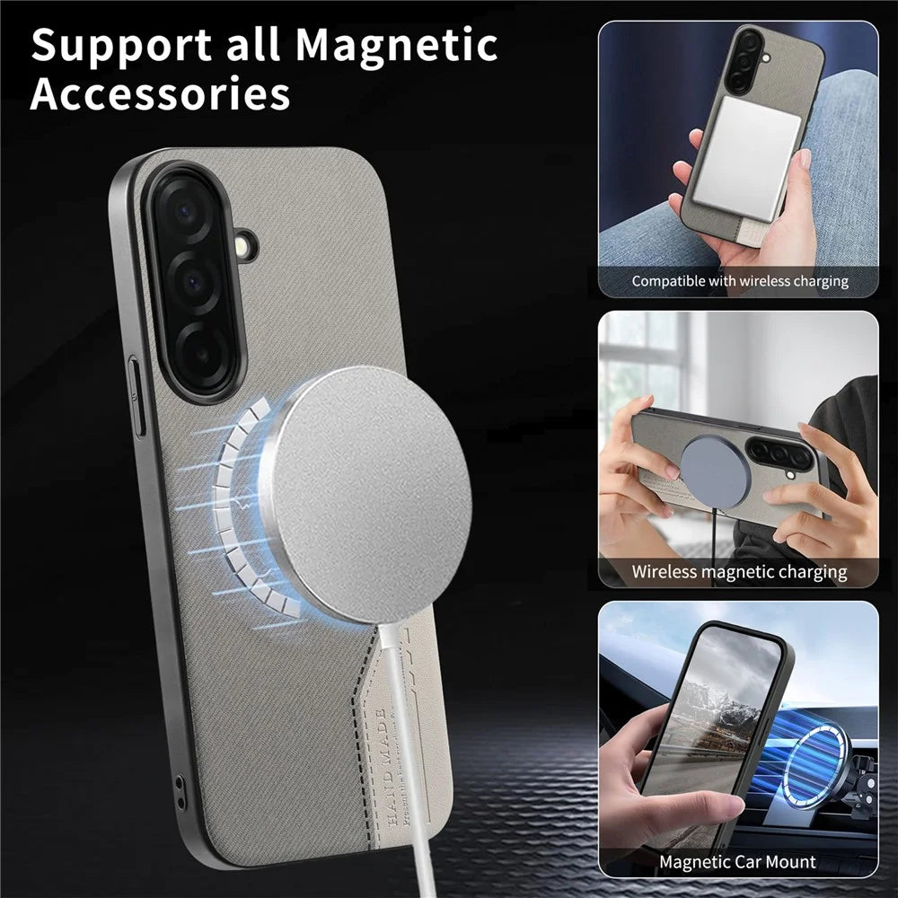 For Samsung Galaxy A36 5G Magnetic Case Cloth Texture PU Leather + PC + TPU Phone Cover - Grey - 5