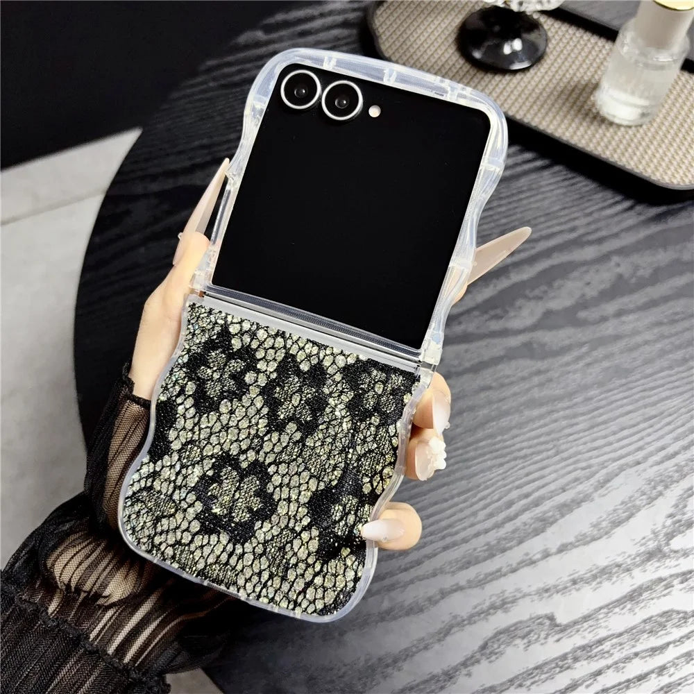 For Samsung Galaxy Z Flip7 5G Magnetic Case Wavy Edge Lace Pattern TPU Phone Cover - Black - 2